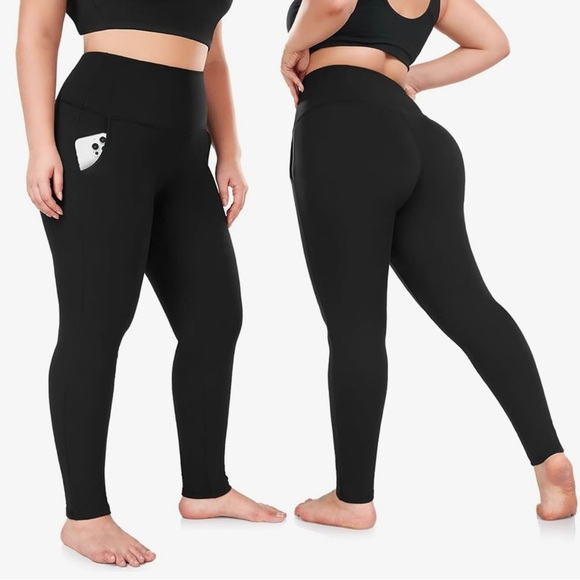 New Fleece Lined High Waist Rise Solid Black Leggings With Pockets NWT Stretchy - Picture 1 of 16